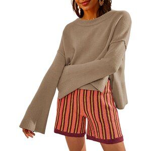 Womens Lightweight Knit Sweater Crewneck Bell Sleeves Pullover Casual Soft